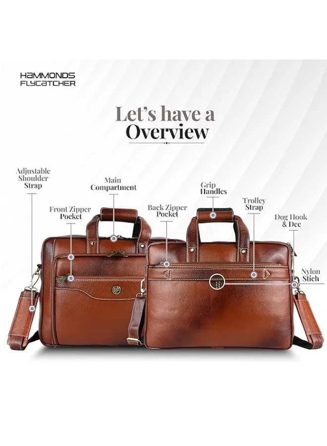 Hammonds Flycatcher  Genuine Leather Office Bag for Man with Trolley Strap - Laptop Bag for Men with 15.6 Inch Laptop Compartment - Adjustable Strap-LB168 TAN  | Best Price UAE